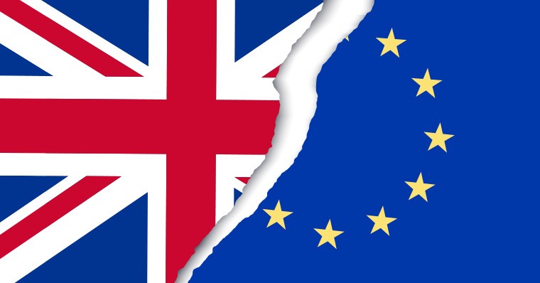 Half UK flag with half EU flag Half UK flag with half EU flag