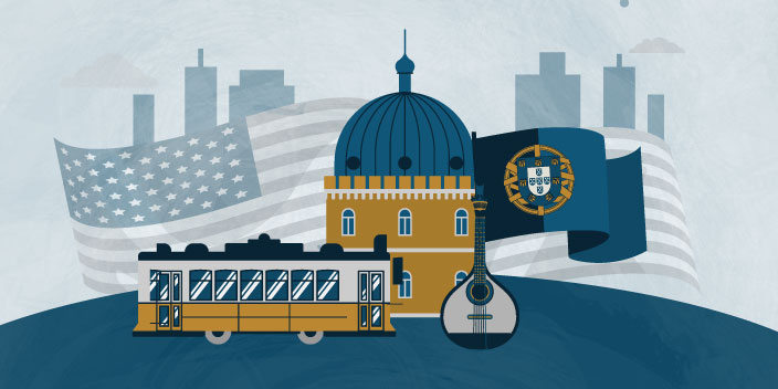 Moving from USA to portugal Portugal symbols with USA in the background