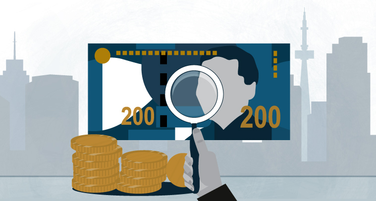 we_greylisting-blog-image The rand under scrutiny with a magnifying glass and joburg skyline in the background