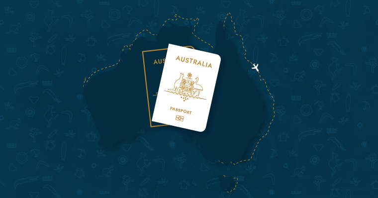 Australian passports on top of a map of Australia Australian passports on top of a map of Australia
